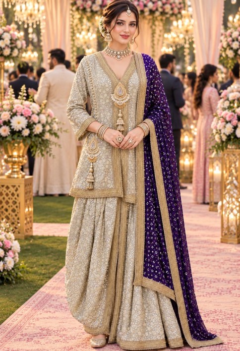 Gold Georgette Readymade Salwar Suit with Embroidered, Resham and Sequins Work